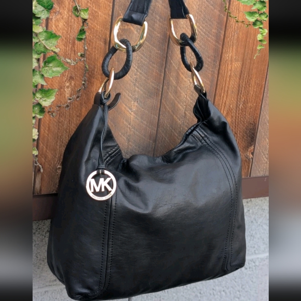 Michael Kors OVERSIZED ID CHAIN slouchy hobo bag leather black purse shoulderbag